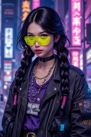 futurediff, archi-retro-style, cyborg, robot, Vintage Anime Scene, (cyberpunk girl like a samurai in the style of Conrad Roset, Nicola Samori), ultra realistic, (arbitrarily beautiful:1.4), full body, sexy female, (shiny black hair, long braids, neon glasses),jisosmile,mecha