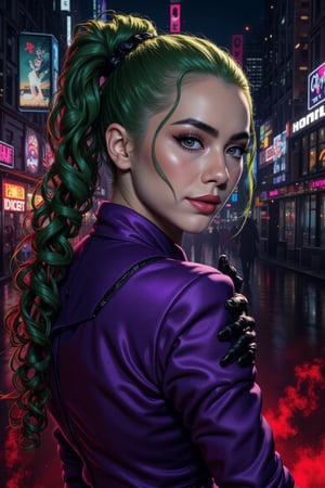 Art of a joker Joker's twisted grin wearing her ((makeup face:1.4)), purple ((her suit)), black glove, ((red smoke)), her ((green ponnytail bun hairstyle:1.3)), sexy pose, dark night, ((neon light city)), cyberpunk realistic city background 