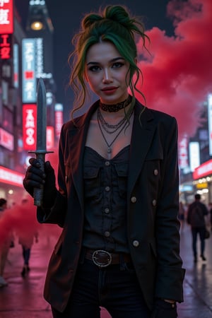 Art of a joker Joker's twisted grin wearing her ((makeup face:1.3)),  ((her suit)), ((black skrit)), black glove holding knife, ((red smoke)), her ((green ponnytail bun hairstyle:1.5)), sexy pose, dark night, ((neon light city)), cyberpunk realistic city background 