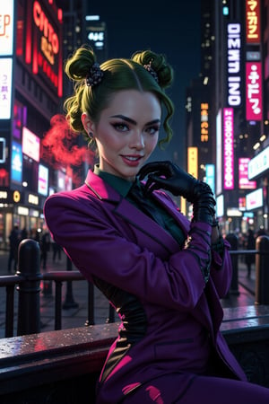 Art of a joker Joker's twisted grin wearing her ((makeup face:1.4)), purple ((her suit)), black glove, ((red smoke)), her ((green ponnytail bun hairstyle:1.3)), sexy pose, dark night, ((neon light city)), cyberpunk realistic city background 