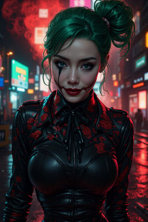 Art of a joker Joker's twisted grin wearing her ((makeup face:1.4)), ((her suit)), ((black skrit)), black sharp claw with glove, ((red smoke)), her ((green ponnytail bun hairstyle:1.3)), sexy pose, dark night, ((neon light city)), cyberpunk realistic city background 