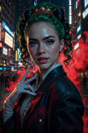 Art of a joker Joker's twisted grin wearing her ((makeup face:1.4)), ((her suit)), white glove, ((red smoke)), her ((green ponnytail bun hairstyle:1.3)), sexy pose, dark night, ((neon light city)), cyberpunk realistic city background 