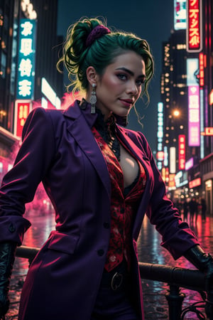 Art of a joker Joker's twisted grin wearing her ((makeup face:1.4)), purple ((her suit)), black glove, ((red smoke)), her ((green ponnytail bun hairstyle:1.3)), sexy pose, dark night, ((neon light city)), cyberpunk realistic city background 