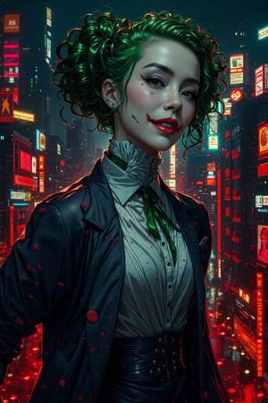 Art of a joker Joker's twisted grin wearing her ((makeup face:1.4)), ((her suit)), white glove, ((red smoke)), her ((green ponnytail bun hairstyle:1.3)), sexy pose, dark night, ((neon light city)), cyberpunk realistic city background 