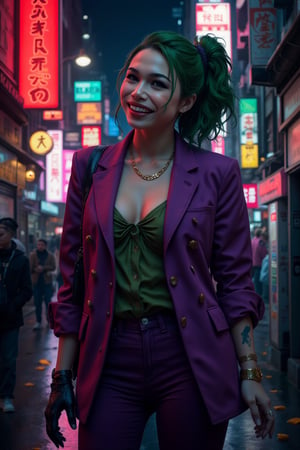 Art of a joker Joker's twisted grin wearing her ((makeup face:1.4)), purple ((her suit)), black glove, ((red smoke)), her ((green ponnytail bun hairstyle:1.3)), sexy pose, dark night, ((neon light city)), cyberpunk realistic city background 