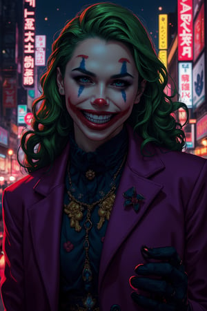 Art of a joker Joker's twisted grin wearing her makeup face, joker face make up, purple her suit, black glove, red smoke, her green messy long hairstyle, serious badas pose, dark night, neon light city, cyberpunk realistic city background 