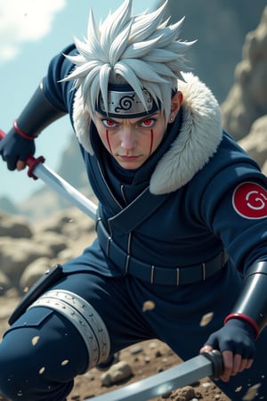 A dynamic action shot of Tobirama Senju, with short, spiked white hair and intense red eyes. He is mid-movement, clad in blue armor with a white fur collar, and a traditional shinobi outfit in dark tones. His vertical red marks under the eyes and horizontal line on his chin are prominent. He wields a kunai, with dramatic lighting casting strong shadows, emphasizing his warrior stance and the intricate details of his armor. The background is a battle-torn landscape, with the Konoha forehead protector clearly visible on his head.