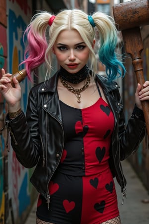 Create an image of a quirky, dangerous woman with a playful but menacing appearance. She has a split-colored hairstyle, one side blonde and the other dyed pink and blue, with pigtails. Her face has pale, almost white skin, and she wears heavy makeup, including dark eyeliner, bold red lipstick, and a black heart tattoo on her cheek. She’s dressed in a mix of punk and circus styles: a red and black jester-inspired outfit, leather jacket, and fishnet stockings. She wields a large wooden mallet or a baseball bat, giving her a chaotic and rebellious vibe. The background should be an urban setting, like a dimly lit alleyway or a funhouse filled with graffiti. Her expression should be mischievous and confident.