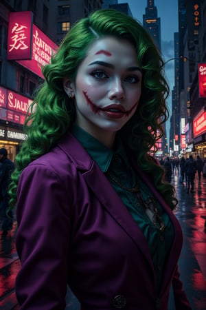 Art of a joker Joker's twisted grin wearing her makeup face, joker face makeup, purple her suit, black glove, red smoke, her green messy long hairstyle, serious badas pose, dark night, neon light city, cyberpunk realistic city background 