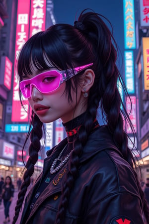 futurediff, archi-retro-style, cyborg, robot, Vintage Anime Scene, (cyberpunk girl like a samurai in the style of Conrad Roset, Nicola Samori), ultra realistic, (arbitrarily beautiful:1.4), full body, sexy female, (shiny black hair, long braids, neon glasses),jisosmile,mecha