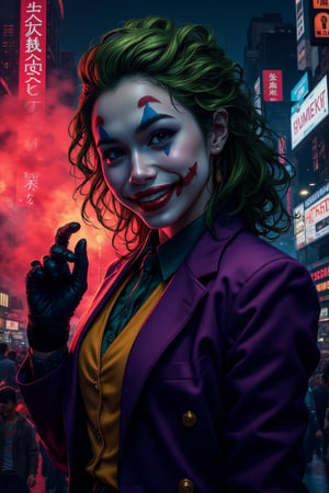 Art of a joker Joker's twisted grin wearing her makeup face, joker face makeup, purple her suit, black glove, red smoke, her green messy long hairstyle, serious badas pose, dark night, neon light city, cyberpunk realistic city background 