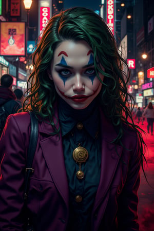 Art of a joker Joker's twisted grin wearing her makeup face, joker face makeup, purple her suit, black glove, red smoke, her green messy long hairstyle, serious badas pose, dark night, neon light city, cyberpunk realistic city background 