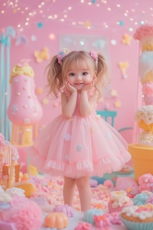 A kawaii cute girl, framed in a mid-shot, with soft pastel lighting. She is standing in a candy world, surrounded by colorful sweets and treats, with a big, sparkling smile. Her big, sparkling eyes and happy, innocent expression are highlighted. She is dressed in a pastel-colored dress with adorable accessories like bows and frills. The composition is dynamic, capturing her joyful pose, with the candy world adding a whimsical, fairy-tale-like touch to the background.,J4d3