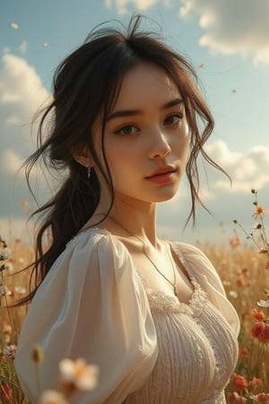 This is a highly detailed digital close-up and tilt shot artwork in a bright fantasy style, intricate tetradic colors in every details, a beautiful 22 years old Malay girl, looking at viewer, head tilt, leaning forward, A lone girl with wavy black hair, wearing white Puffblouse, stands in windy flower field with grass, sun glare, heavenly cloudy sky, (clouds spiral:0.8), a macabre tapestry of clouds reaching towards viewer, falling petals, light cascading from an unseen aperture above. A low camera angle emphasizes the girl's with the overwhelming warm vibes.,Resaqis,Zur1n3,J4d3,Puffblouse