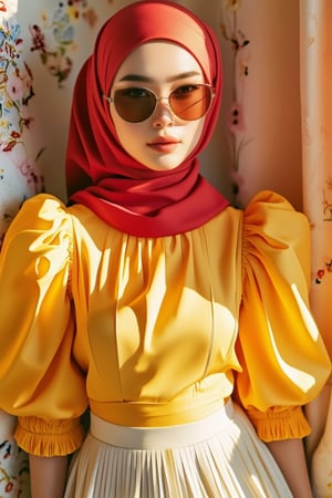 captivating magazine photo cover for ALLURE featuring a stunning Malay woman wearing puffblouse wear. Close-up shot of her face, with stylish brown shades adding a modern touch. Soft natural lighting, highlighting her confident expression and a yellow blouse with dramatic puffed sleeves, a pleated white skirt, and a matching red hijab. ethereal lighting, evoking a sense of elegance and grace.The composition is balanced, with her eyes looking directly at the camera. The background is subtle, focusing attention on his stylish look and confident demeanor.,J4d3,Puffblouse,Zur1n3