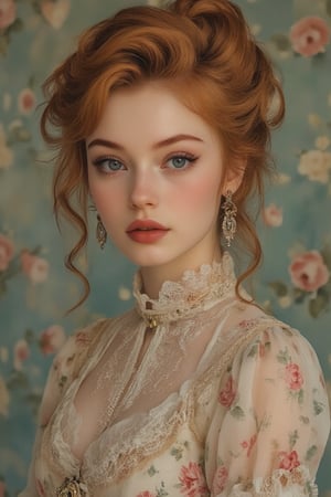 a realistic, classic portrait of a young woman with delicate, fair skin and soft blush tones. She has light blue eyes that reflect depth and curiosity, framed by gentle, warm auburn hair styled into an elegant updo with loose curls cascading. Her expression is calm and slightly wistful, exuding a serene, almost ethereal quality. She wears a vintage lace blouse with intricate floral details and a high collar, adding a touch of Victorian elegance. The background is a muted teal with subtle floral patterns, adding depth without drawing attention away from her face. The lighting is soft, with subtle shadows enhancing her facial features to give the image a timeless, painterly feel.”

,PinupFlux,J4d3,Curly