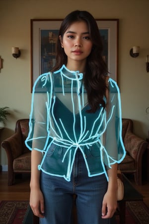  Vintage photography, image of a malay lady wearing a  invisible anime blue puffblouse and jeans, a handbag on her shoulder, in a vintage living room, in the style of Wes Andeson film, Kodak Portra 400film, Photorealistic, Volumetric lightening, Cinematic Color Grade.,Syazi89,analoguehanx83,Invistyle,Resaqis