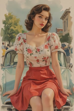 Full body of a stylish 1950s pin-up model with vintage flair, sitting confidently on the hood of a classic car. She wears a white blouse adorned with red roses and a vibrant red skirt. Her hair is elegantly styled in a retro updo, capturing the essence of mid-20th-century glamour and sophistication. The background should evoke a sense of nostalgia, with hints of classic Americana
,pencil drawing,colored pencil drawing,WatercolorWash,Oil painting effect,WatercolorWash,Zur1n3,Chenell,Syazi89,artberat,Puffblouse,Impasto Nature,WatercolorWash,Low poly art,low poly style,low poly pop art,low poly illustration,PinupFlux,J4d3