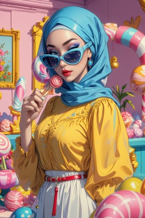 A close-up of a bold asian girl in Shōjo Style anime, highlighting her confident expression and a yellow blouse with dramatic puffed sleeves, a pleated white skirt, and a matching red hijab, a modest high neckline, and a matching blue hijab with subtle sparkles. Her makeup is bold, with exaggerated blue eyeshadow and glossy red lips. She holds a spiral lollipop in her hand and wears oversized light blue sunglasses with colorful beaded earrings. The background features a whimsical, pastel-colored setting with a pink wall, a yellow framed picture of abstract flowers, and giant candy elements like oversized lollipops, candy canes, and colorful gumdrops. The scene is vibrant, playful, and has soft, dreamy shading typical of Shōjo anime. J4d3,Candy Dream_Bold Hijabi_in_Shōjo Style,SHŌJO STYLE,BOLD HIJABI,CANDY THEME,WHIMSICAL,PASTEL COLORS