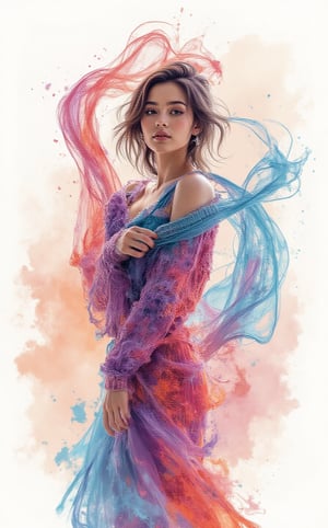 A stunning illustration of a young alluringly beauty woman standing gracefully, wearing an oversized sweater with one shoulder exposed, rendered in the bold, textured brushstrokes of Leonid Afremov combined with the fluidity of ink washing. The sweater is painted vibrant colors, cyan, purples, coral and oranges, sweeping fabric is caught in the wind, swirling around her in expressive, high contrast, thick strokes of paint. The flowing material dances through the air, creating a sense of dynamic motion and energy. The vibrant ink brings a subtle, ethereal quality to the swirling fabric, blending into soft, flowing gradients.The background is minimal, allowing the vibrant sweater and soft ink washes to stand out, as the combination of the great artist Afremov’s energetic style.,J4d3