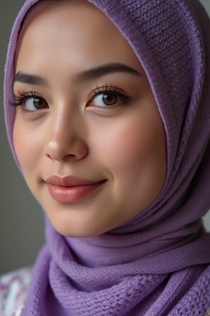 side view close up portrait of a young Malay woman with purple knitted long hijab cover chest. Her eyes are a piercing hazel eyes, and her eyebrows are a blonde shade of brown. deep dimples, cleft chin, freakles on face, Her lips are a lighter shade of pink, her face Tilly aside and she is wearing a light pink lipstick. adding a touch of color to her face. Focus on the intricate textures of her skin and the vibrant glow emanating from the cracks, with special attention to the eyes, cheeks, lips, chin detailed skin pore style. The background is blurred, L1LY,Midjourney_Whisper