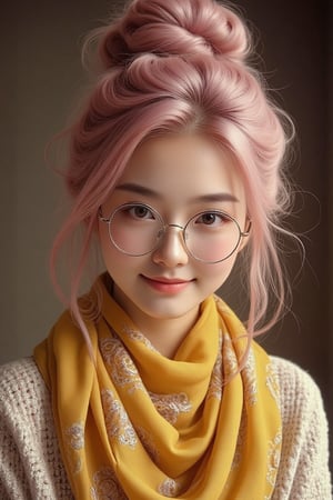 A highly detailed, ultra-realistic portrait of a young woman with soft pink hair tied in a messy bun, her strands gently flowing around her face. She wears round glasses that catch subtle reflections, adding a touch of elegance. Her glowing skin is soft and smooth, with a warm, natural blush. The woman is wrapped in a vibrant, intricately patterned yellow scarf, creating a beautiful contrast against her delicate features. Gentle, diffused lighting illuminates her face, with a soft gradient background transitioning from dark to light, highlighting her calm and confident expression. The image is sharp and vibrant, with a cinematic, photorealistic quality.,L1ly