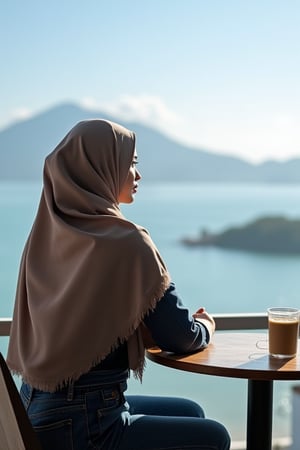 1Malay woman wearing hijab shawl style wearing jean, sitting, gazes over the pulau langkawi sea from her rooftop. Coffee sits on the table next to her. Bright daylight sun. Detailed