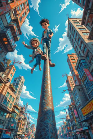 japanese anime poster, dynamic energy and rich detail, in a style of marries manga with Taiyo Matsumoto aesthetic, detailed line art and a muted color scheme dominated by shades of vivid, This image features two characters, a young malay boy and malay girl, perched whimsically atop what appears to be a towering, slender pole high above a bustling, densely-packed cityscape. The boy, with a serious expression, stands confidently, while the girl, wearing a stylish hijab,long pant sits playfully with her legs dangling. The mood is one of carefree adventure and youthful mischief against an urban backdrop. The dominant colors are shades of blue and earth tones, which, along with the intricate details of the city, contribute to a lively and vibrant atmosphere. The style is reminiscent of Taiyo Matsumoto manga or anime, characterized by exaggerated features and expressive characters. The composition uses a low-angle perspective, emphasizing the height and the audacity of the children’s perch. Special details, like the characters' relaxed postures and the chaotic urban environment, might suggest a narrative of escapism or contrast between childhood innocence and the complexity of the adult world. The overall image is teeming with energy, life, and a touch of the fantastical