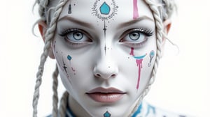 (best quality,4k,8k,highres,masterpiece:1.2),ultra-detailed,(realistic,photorealistic,photo-realistic:1.37),1woman,beautiful detailed eyes,beautiful detailed lips,extremely detailed eyes and face,long eyelashes,European Greek woman,monochrome white skin color,colorful hair,braided dreadlocks,neon hieroglyph tattoos,white monochrome theme,white background