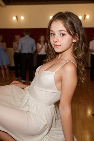 A (15_year_old:1.2) girl at a school dance. She is wearing a low-cut, flowing dress. She is adorable, innocent, vulnerable. Her lips are full and soft. Her expression is nervous. 