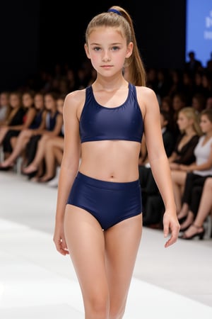 A beautiful (13_year_old:1.2) English girl with a beautiful face. She is walking down the catwalk at a fashion show. She is wearing a trendy two-piece school swimsuit. Her hair is in a ponytail.