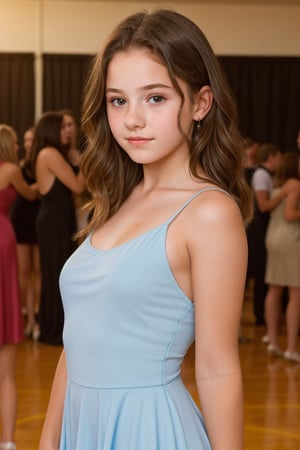 A (15_year_old:1.2) girl at a school dance. She is wearing a low-cut, flowing dress. She is adorable, innocent, vulnerable. Her lips are full and soft. Her expression is nervous. 