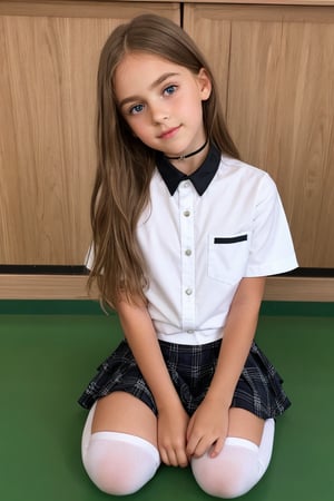 raw photo, full body, (10yo girl:1.2), petite, caramel hair, ((cheek dimples)), sharp facial features, big expressive green-hazel eyes, blushing, graphic eyeliner, rouge, (lipstick:0.6), (choker:0.9), realistic skin texture, warm lighting, cosy atmosphere, instagram style, naive, shy, short, thin, fit, beautiful, cute, pale skin, sitting demurely on school gym floor, wearing white button-down short sleeve shirt, black plaid skirt, white knee-high socks