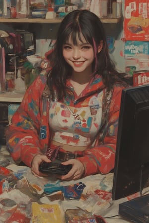 An attractive, older asian japanese woman with black hair with pink streaks through it. She wears a crop top with a hoodie overtop of it, and has a cheerful, grinning expression, looking straight towards the viewer. She sits at her computer at her bedroom desk, which is littered with various cans and food wrappers, holding a video game controller. Composition is from the bust up. art nouveau painted realism anime style --chaos 1 --ar 3:4 --style raw --p --stylize 720 --v 6.1