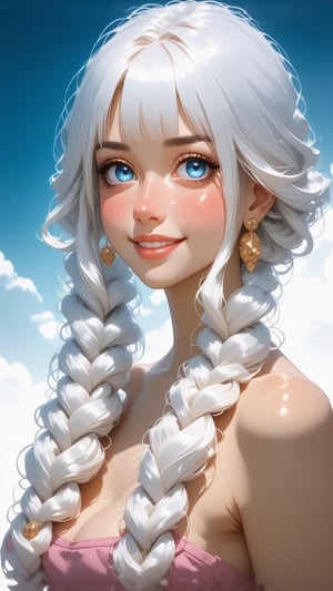 This is a digital illustration in an anime-inspired art style, featuring a voluptuous woman with a striking appearance. She has a light skin tone and striking, voluminous white hair styled in a loose, wavy braid cascading over her shoulder. Her eyes are large, bright blue, and she has a slightly flushed, youthful face with a confident expression, suprn1j1