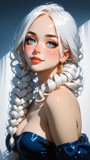 This is a digital illustration in an anime-inspired art style, featuring a voluptuous woman with a striking appearance. She has a light skin tone and striking, voluminous white hair styled in a loose, wavy braid cascading over her shoulder. Her eyes are large, bright blue, and she has a slightly flushed, youthful face with a confident expression, suprn1j1