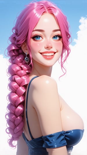 This is a digital illustration in an anime-inspired art style, featuring a voluptuous woman with a striking appearance. She has a light skin tone and striking, voluminous pink hair styled in a loose, wavy braid cascading over her shoulder. Her eyes are large, bright blue, and she has a slightly flushed, youthful face with a confident expression, suprn1j1