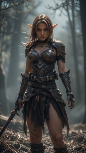 A heartbreakingly beautiful ((RAW photo warrior elf woman, magical armor, aesthetic fog, grand theft auto style pop art style,)). Amazing toned legs. She looks seductively at the viewer from under her hair. Movie special effects