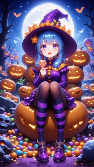 Highly detailed anime illustration of a cute girl wearing a witch costume halloween sitting in a pumpkin world filled with candies, purple striped tights, hat with pumpkin mascots, large pumpkin chair, lolipop, candy dreamland, a fairy tale world, lit by jack-o'-lanterns, sfw, suprn1j1