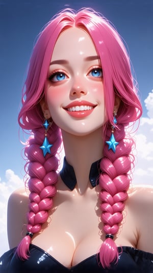 This is a digital illustration in an anime-inspired art style, featuring a voluptuous woman with a striking appearance. She has a light skin tone and striking, voluminous pink hair styled in a loose, wavy braid cascading over her shoulder. Her eyes are large, bright blue, and she has a slightly flushed, youthful face with a confident expression, suprn1j1