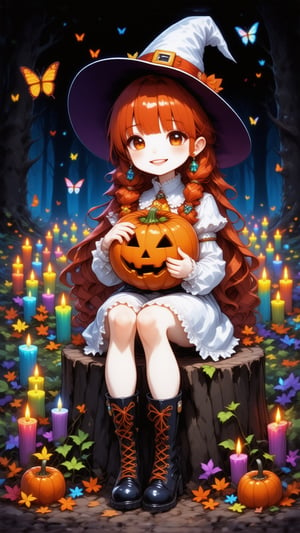 ink outline, fine detail rendered, colorful, horror style, 1girl, chibi, white witch, adorable, cute, kawaii, sitting on a stump, holding a haunted pumpkin with both hands, colorful candles lined up all around her, long red hair, smile, white witch's hat, white dress, boots, stunningly crafted jewelry, full body, deep forest, butterflies, fantastic, mysterious, most fashionable, most stylish, dark background, detailed background, every detail is rendered in superb detail, perfect composition, masterpiece, best quality, 8k, ultra-detailed, very clear, perfect anatomy, anatomically correct hands, beautiful face, beautiful eyes, detailed eyes, beautiful hair, detailed hair, suprn1j1