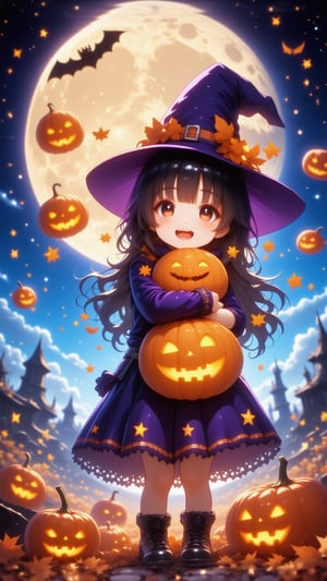 Adorable anime-style Halloween scene featuring a cute girl hugging a friendly, glowing pumpkin ghost with a warm smile. Small pumpkin ghosts hover around her, playfully floating in the air, their expressions full of joy and mischief. The girl is dressed in a cute, witch-inspired outfit, and the whole scene radiates a fun, cozy Halloween vibe. The colors are vivid and lively, filled with autumn tones like oranges, purples, and soft, glowing yellows. A glowing full moon and swirling stars create a magical background, suprn1j1