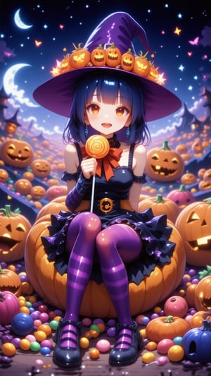 Highly detailed anime illustration of a cute girl wearing a witch costume halloween sitting in a pumpkin world filled with candies, purple striped tights, hat with pumpkin mascots, large pumpkin chair, lolipop, candy dreamland, a fairy tale world, lit by jack-o'-lanterns, sfw, suprn1j1