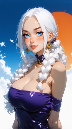 This is a digital illustration in an anime-inspired art style, featuring a voluptuous woman with a striking appearance. She has a light skin tone and striking, voluminous white hair styled in a loose, wavy braid cascading over her shoulder. Her eyes are large, bright blue, and she has a slightly flushed, youthful face with a confident expression, suprn1j1