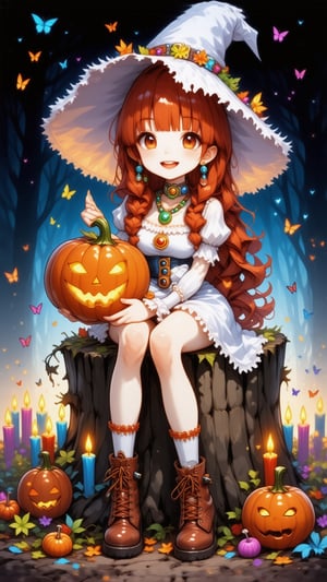 ink outline, fine detail rendered, colorful, horror style, 1girl, chibi, white witch, adorable, cute, kawaii, sitting on a stump, holding a haunted pumpkin with both hands, colorful candles lined up all around her, long red hair, smile, white witch's hat, white dress, boots, stunningly crafted jewelry, full body, deep forest, butterflies, fantastic, mysterious, most fashionable, most stylish, dark background, detailed background, every detail is rendered in superb detail, perfect composition, masterpiece, best quality, 8k, ultra-detailed, very clear, perfect anatomy, anatomically correct hands, beautiful face, beautiful eyes, detailed eyes, beautiful hair, detailed hair, suprn1j1