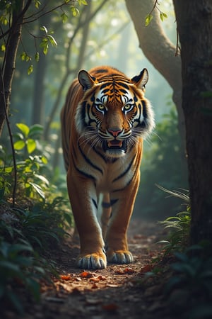 Create a realistic, muscular tiger walking through a dense jungle. The lighting should be dim, with rays of sunlight passing through the leaves. The tiger's fur should reflect light, showing detailed textures. The shadows of the trees should be cast softly on the leaf-covered ground."