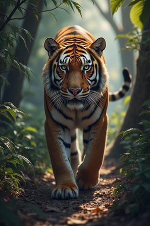 Create a realistic, muscular tiger walking through a dense jungle. The lighting should be dim, with rays of sunlight passing through the leaves. The tiger's fur should reflect light, showing detailed textures. The shadows of the trees should be cast softly on the leaf-covered ground."