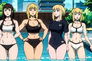 very detailed, high quality, masterpiece, beautiful, waifus, makima, Kara Zor-El, Diane, swimsuits, big asses, big busts, posing in different poses facing forward, in a pool alone,Kara Zor-el,makima (chainsaw man),Nanatsu no taizai