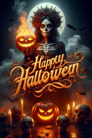 "A suspenseful and foreboding atmosphere cinematic featuring prominently displayed bold cursive gold 3D lettering name logo "HAPPY HALLOWEEN" right in the middle, illustration of a woman in Day of the Dead makeup and skull dress holding a Halloween scary pumpkin horror on fire with a menacing face smoke in the dark background, surrounded by Halloween scary pumpkin horror, candles and skulls below, against the background of a horrible floating full moon and flying bats, creepy and scary concept, digital art design, vibrant colors, haunting atmosphere, detailed textures, cinematic lighting, 4k resolution"   