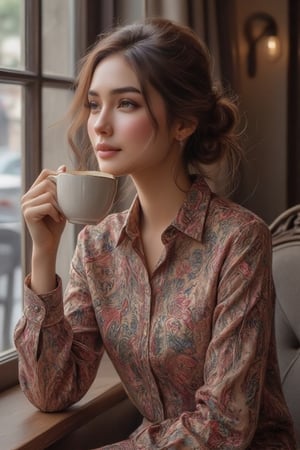 a stunning woman seated in a classy coffee cafe, exuding elegance, dressed in exquisite satin shirt attire, With a serene expression, she enjoys a cup of coffee, gazing thoughtfully through the window at the bustling cityscape or a picturesque view outside. The scene captures a blend of cultural charm and contemporary style, inviting viewers to appreciate the beauty and poise of the modern malay woman in a relaxed urban